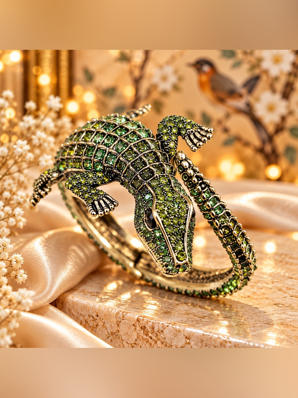 Alligator Crocodile Cuff Bracelet Green Crystal Animal Statement Bangle